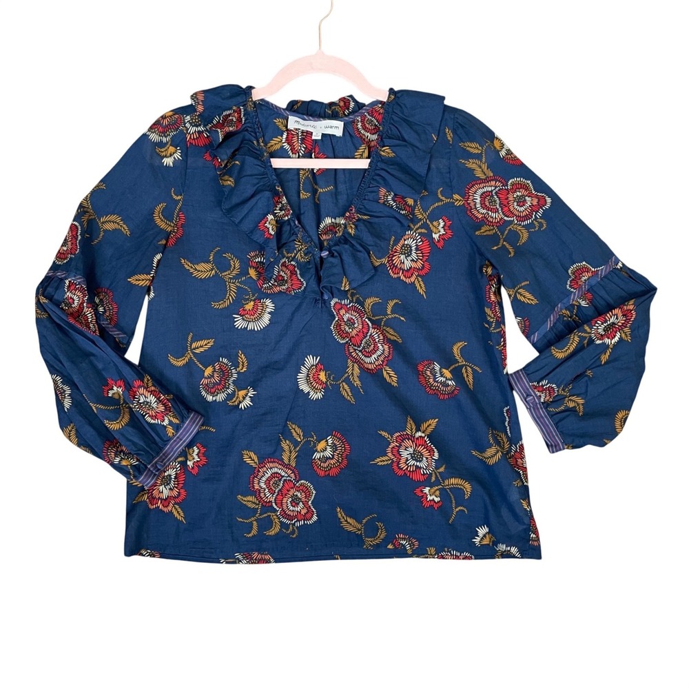 Madewell x Warm Navy Blue Floral Ruffle V-Neck Cotton Blouse Top Womens Medium